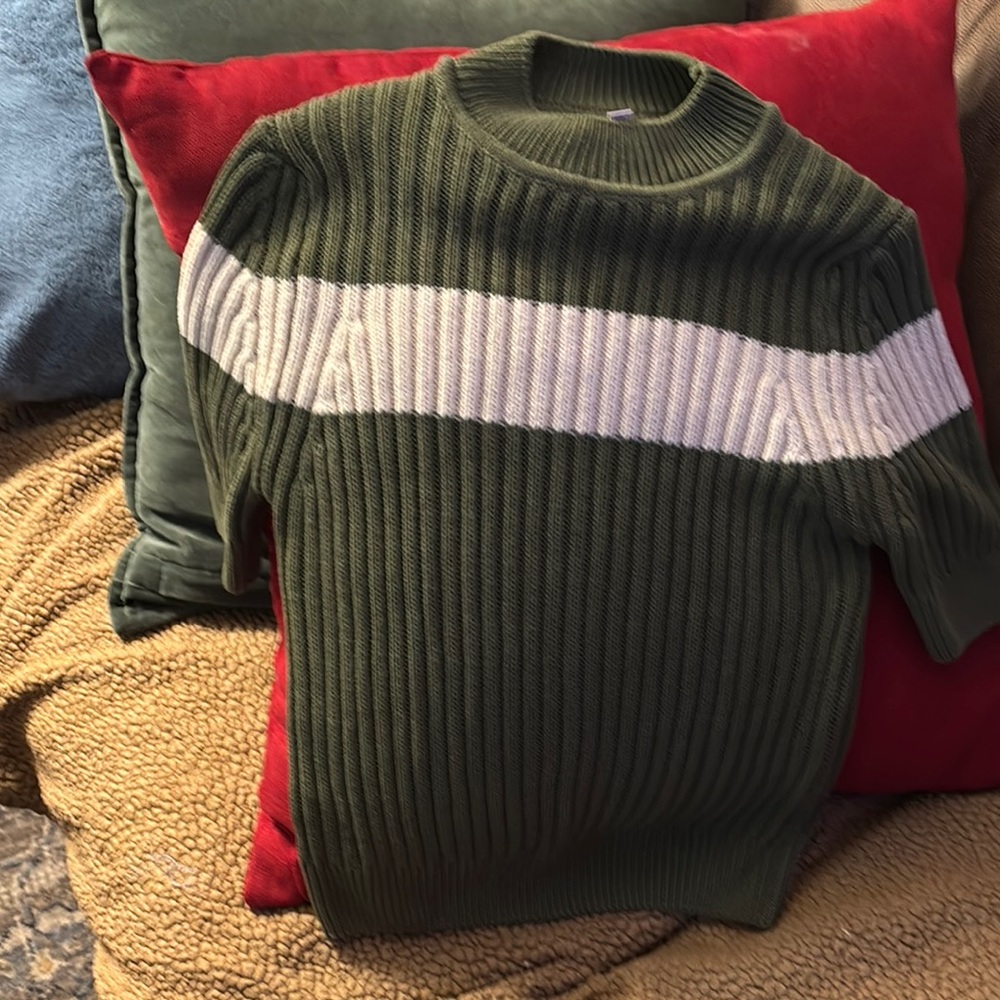 Pilcro Crewneck Sweater in Green and White with Textured Knit